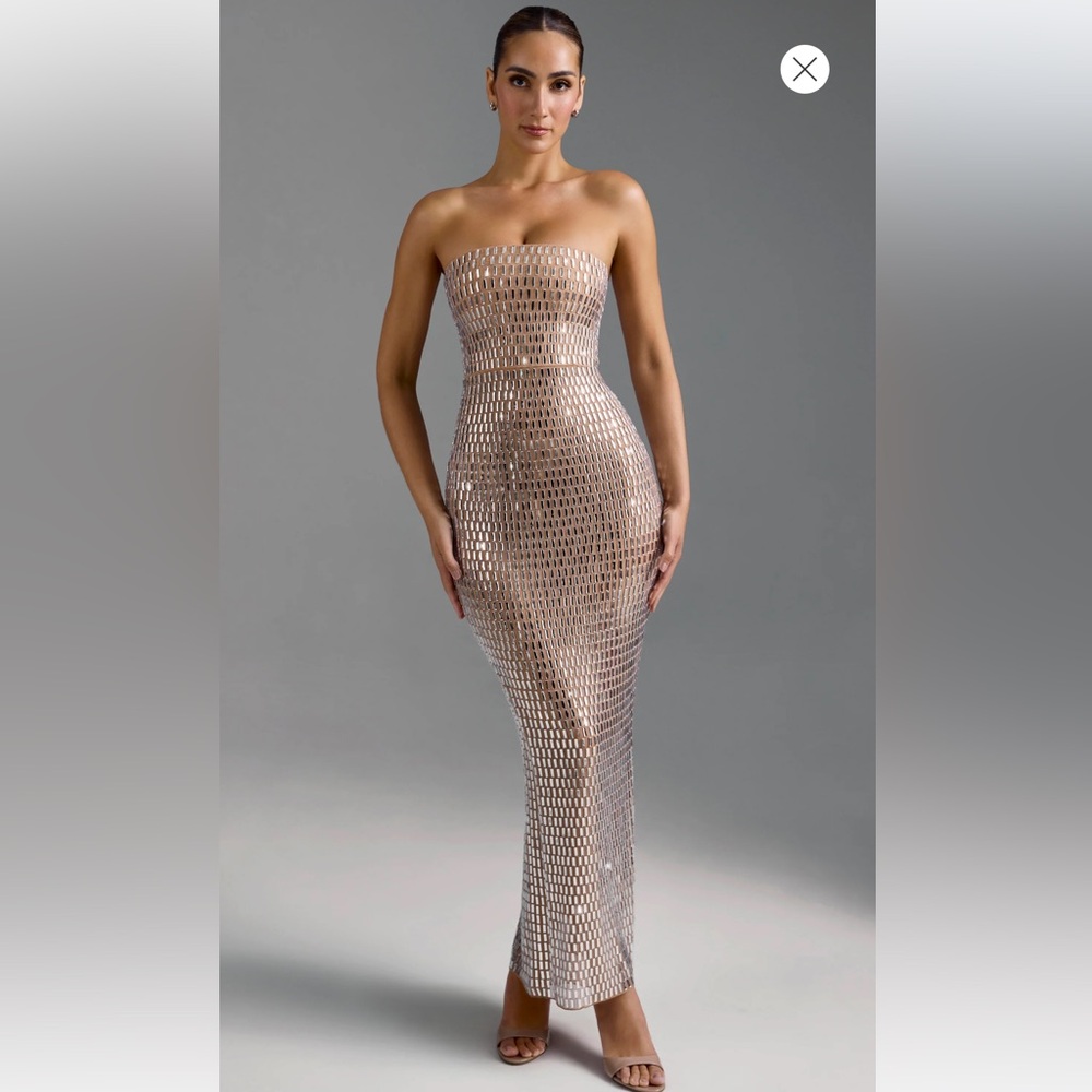 Oh Polly AMAYA Embellished Bandeau Maxi dress in Almond Size 6